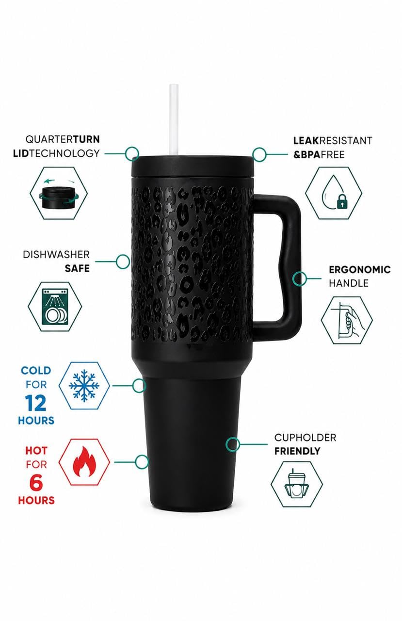 Meeram 40 Oz Vacuum Insulated Stainless Steel Tumbler with Handle & Straw | Double Wall Leakproof Travel Coffee Mug for Car, Office & Gym | Hot & Cold Water, Drinks | Black Leopard |1200ML (Black) Product Image 4