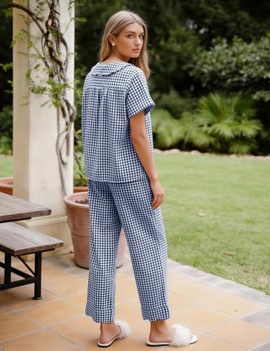 Image of Flygo Womens Gingham Pajamas Set Cotton 2 Piece Pj Set Scalloped Collar Babydoll Shirt Pants Plaid Y2K Lounge Sets