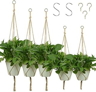 KissDate 5 Pack Jute Rope Plant Hanger with 5 Pack Hanging Hooks, Flower Pot Plant Holder for Indoor Outdoor Decorations, 4 Legs1 Pieces 120cm, 2 Pieces 105cm, 2 Pieces 90cm