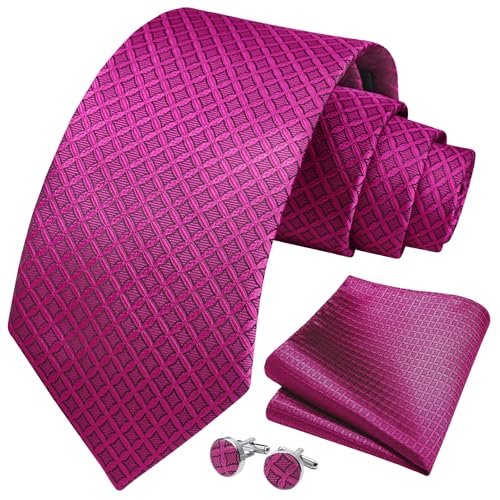 Image of HISDERN Ties for Men Stripe Plaid Tie Classic Necktie Pocket Square Cufflinks Set for Formal Wedding Business Party