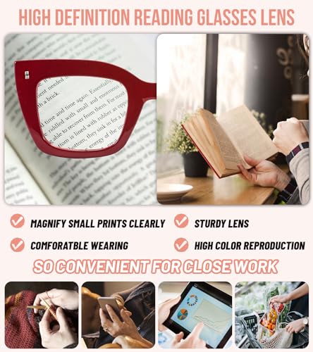 Image of Women's Designer Reading Glasses 1.5 Square Cat Eye Red Readers 1.00 1.25 1.50 1.75 2.00 2.25 2.50 2.75 3.0 3.5 4.0 Trendy Retro Style