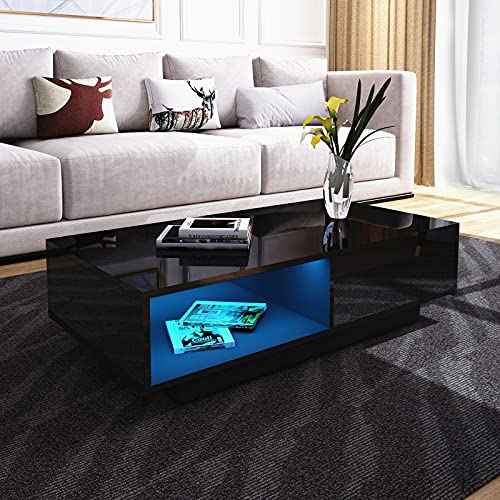 Senvoziii LED Table de Salon Moderne et élégante avec 1 Tiroirs de Stockage 1 Cas Ouverts Table Basse Brillant Blanche, Table de Canapé pour Le Salon 95 x 55 x 31 cm (Noir)