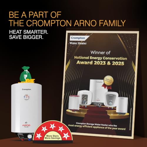 Image of Crompton Arno Plus 15L 5‑Star Storage Water Heater | Anti‑Scale Technology for Hard Water up to 2000 ppm | 8 Bar High‑Rise Pressure | 5‑Level Safety | Free Installation & Pipes | 8 Year Tank warranty