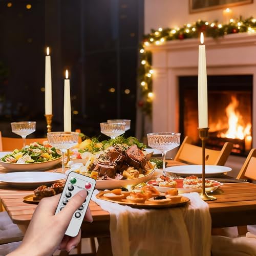 Image of GenSwin Rechargeable Flameless Taper Candles, 3 Pack Ivory LED Taper Candles Battery Operated with Remote Timer, Real Wax Flameless Candlesticks for Christmas Holiday Home Decor