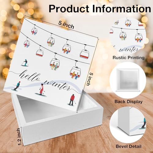 Image of Winter Ski Decor, Hello Winter Wood Box Sign, Farmhouse Christmas Snow Decoration for Home Office Table Shelf 5 X 5 Inches