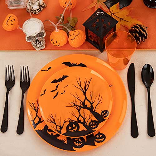 180Pcs Halloween Plastic Dinnerware Set For 30 Persons Halloween Tableware Party Supplies Orange With Black Patterns Include Pumpkin Bat Design #TOP2