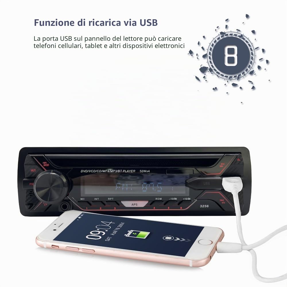 Autoradio Stereo Pannello Rimovibile 1 DIN 12V Radio FM MP3 Bluetooth CD VCD MP3 SD USB Ricevitore Multimediale Auto