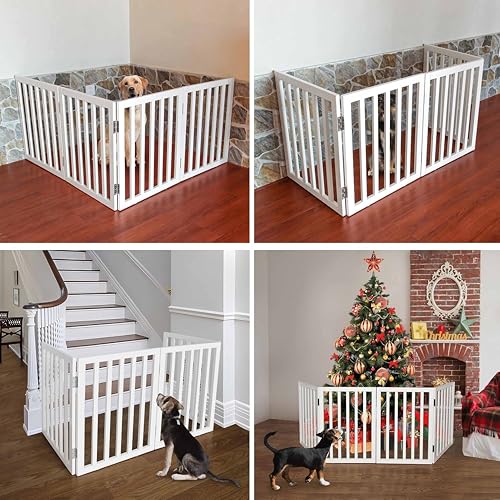 Image of Belief Foldable Wooden Pet Gate for Dogs & Cats - Indoor Safety Barrier for Doorways, Hallways & Stairs | Free-Standing, Portable White Dog Fence - 3 Panel, 60 cm Height (【6 Panels 】 120''W x 30''H)