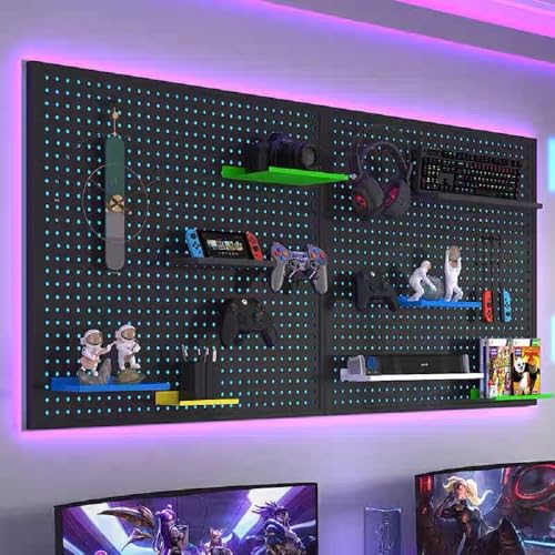 Image of Peg Board with RGBIC LED Strip Lights,2PCS Metal Pegboard Panels,Heavy Duty Pegboard Gaming Room Wall Organizer with Hooks,DIY RGB Gaming Setup Organizer Peg Board Wall Mounted 12 * 24 inch