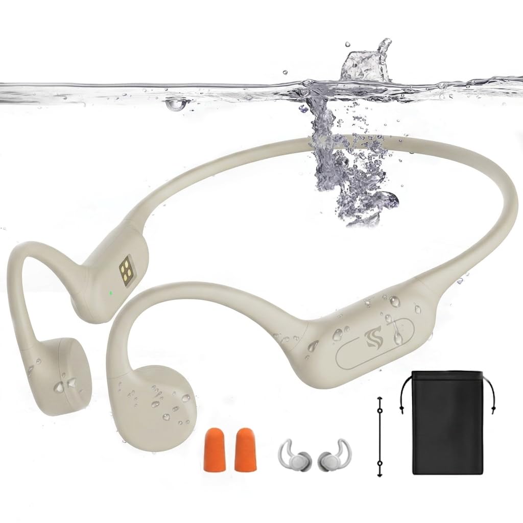 Photo 1 of *** MISSING CHARGER*** Roujune Bone Conduction Headphones IPX8 Waterproof Swimming Headphones Open Ear Headphones with MP3 Mode 32GB Memory 8H Playtime Bluetooth 5.4 Ear Buds Secure Fit for Running and Fitness (Apricot)