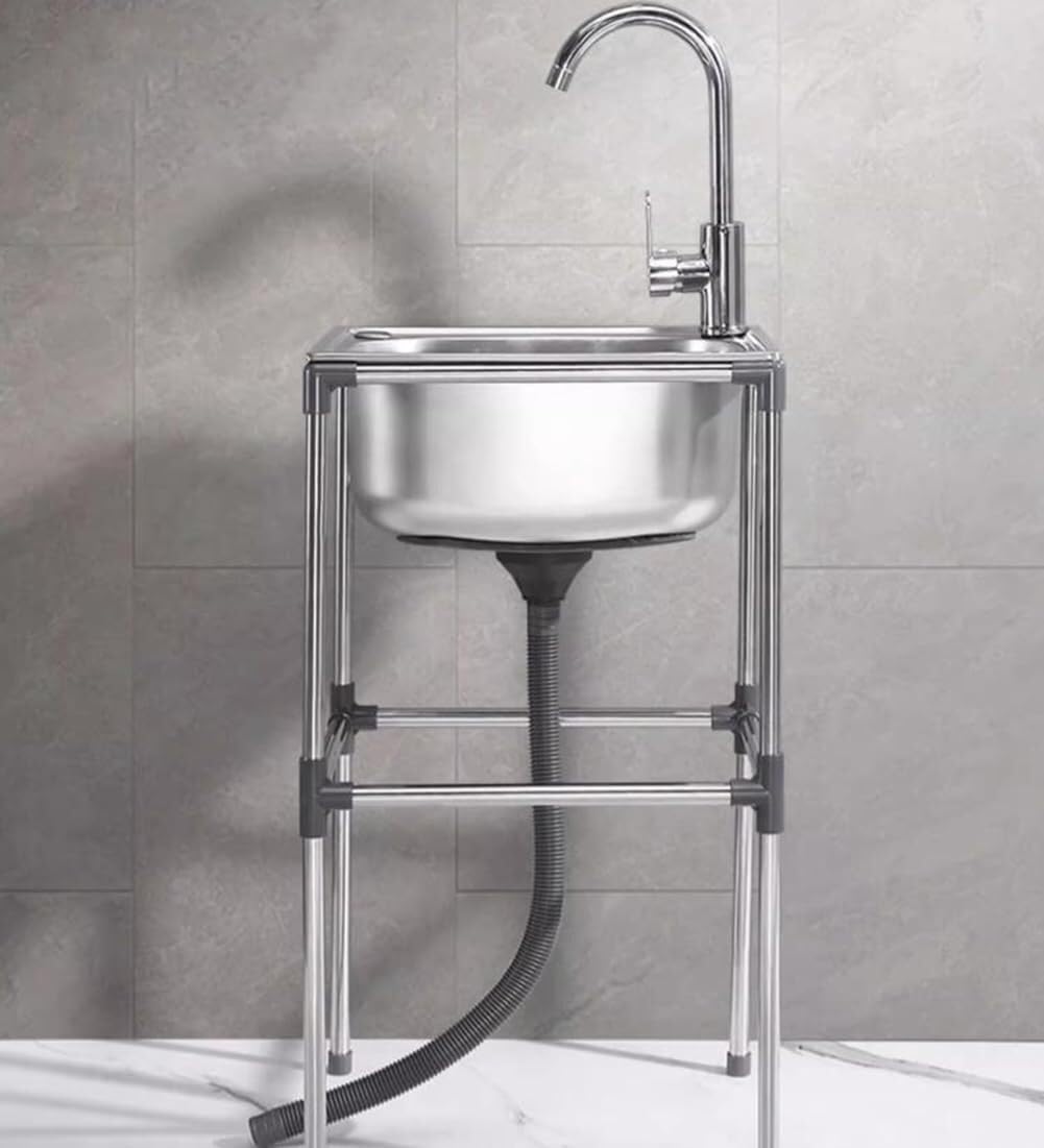 TAXXII Outdoor Freestanding Stainless Steel Utility Sink with Hot & Cold Faucet for Kitchen, Garden, and Laundry(Silver B) (Silver B 48X35X70cm)
