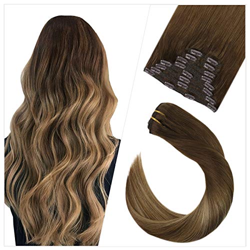 Ugeat Clip in Hair Extensions Human Straight Hair 20 Inch Balayage Color #4/6/14 Brown to Blonde 10PCS Double Weft Clip in Real Human Hair Extensions
