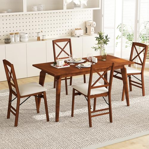 Image of COSTWAY Solid Wood Folding Dining Chairs Set of 4 with Padded Seat, Walnut