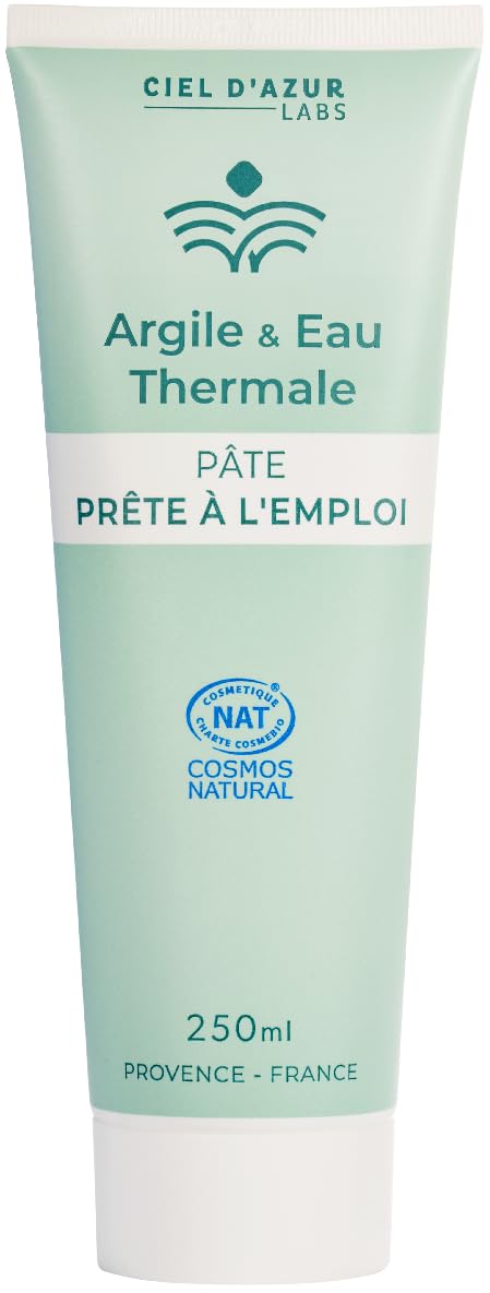 Ciel d'Azur Labs - Pâte d'Argile Verte à l'Eau Thermale - Prête à l'Emploi, Idéale pour Cataplasme - Riche en Sels Minéraux et Oligo-Éléments - Certifié Naturel Cosmos Natural - Tube 250ml