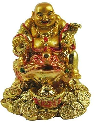GJ On Tortoise with Ingot Golden Laughing Buddha for Health, Wealth & Prosperity (10 cm x 13 cm x 7 cm)