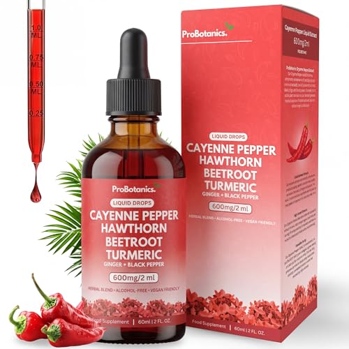 ProBotanics Cayenne Pepper Drops Liquid Extract Supplement | Hawthorn Berry Turmeric Curcumin Beet Root Ginger Black Pepper for Circulation Energy and Digestive Health | Alcohol-Free - 60ml