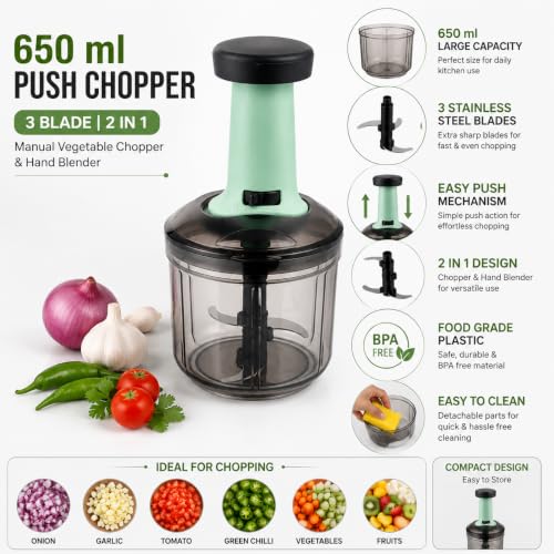 Image of 650 ML Manual Push Vegetable Chopper with 3 Stainless Steel Blades | Food Chopper | Onion, Garlic & Fruit Cutter