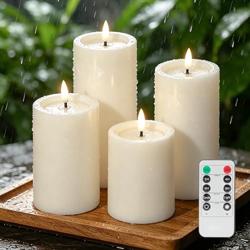 Image of JOIONE Outdoor Waterproof Flameless Pillar Candle with Remote 4 Pack White