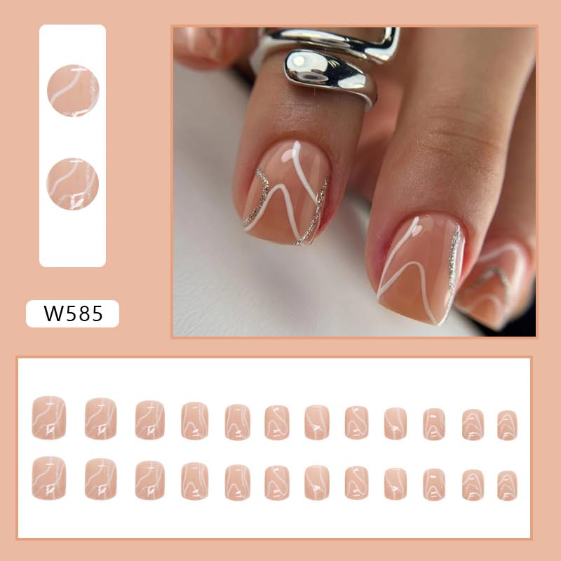 Miniatura 4 de 24 uñas postizas redondas a presión, de longitud corta, línea plateada, uñas con pegamento, uñas acrílicas nude, con diseño de líneas blancas