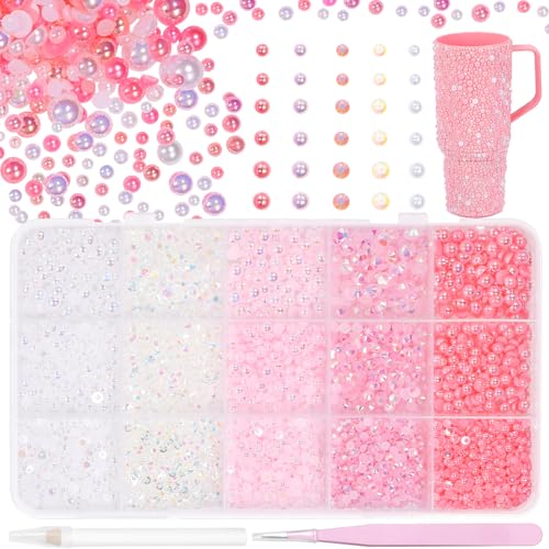 16000 Pcs Flatback Pearls Gems for Bedazzling, Pink White Jelly Resin Rhinestones, Half Round Nail Pearls Gems for Bedazzling Nails DIY Jewelry Face Makeup with Pickup Pencil and Tweezer