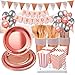 SPLAKS Kit Vaisselle Anniversaire 228 pcs 24 Invités Kit Assiette Jetable Rose Or Assiettes à Dessert Avec 45 ballons