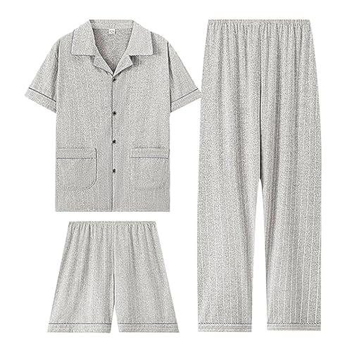 Mens Cotton Pajamas Set 3Pcs Short Sleeve Button Down Notched Collar Printed Sleepwear Pjs Set Soft Long Pants Shorts2