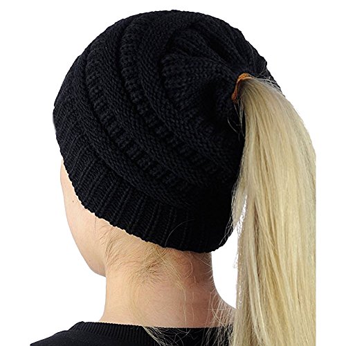 Boolavard BeanieTail Soft Stretch Cable Knit Messy High Bun Ponytail Beanie Hat Cappello (Nero)