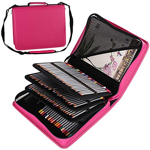 Shulaner 180 Slots PU Leather Colored Pencil Case Organizer Large Capacity Carrying Bag for Prismacolor Watercolor Pencils, Crayola Colored Pencils, Marco Pens, Gel Pens (Rose Red, 180)