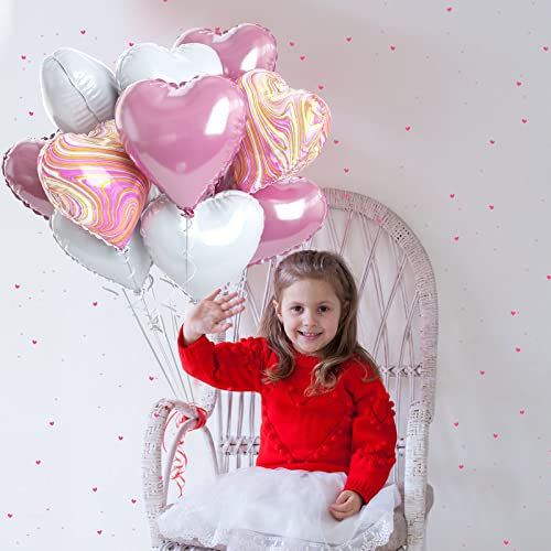 Image of Pink White Agate Heart Shape Balloons - 10PCS Pink & White Foil Heart Balloons for Valentine's Day Decorations - 18inch