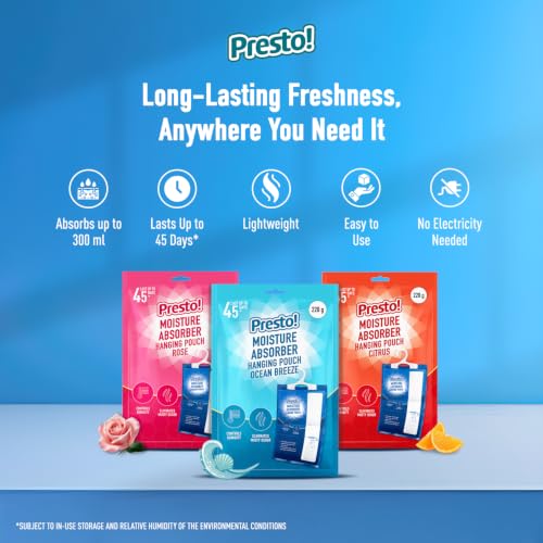 Image of Amazon Brand - Presto! Moisture Absorber Hanging Bag (220g) | Scented | Ocean Breeze, Rose, Citrus | Pack of 3