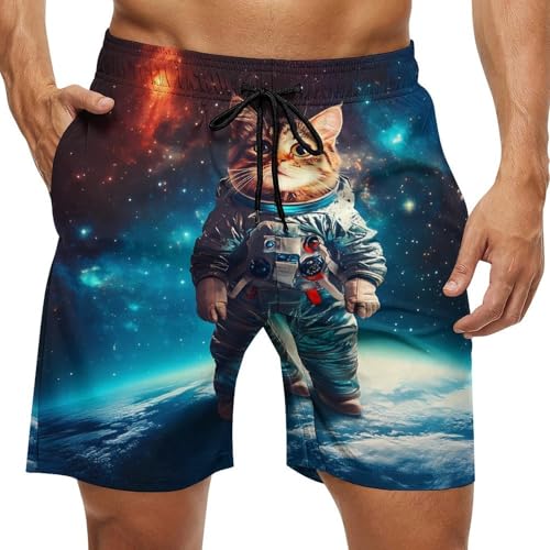 Astronaut Cat Galaxy-Spacees Mens Swim Trunks Quick Dry Board Shorts Beach Swimwear Bathing Suits