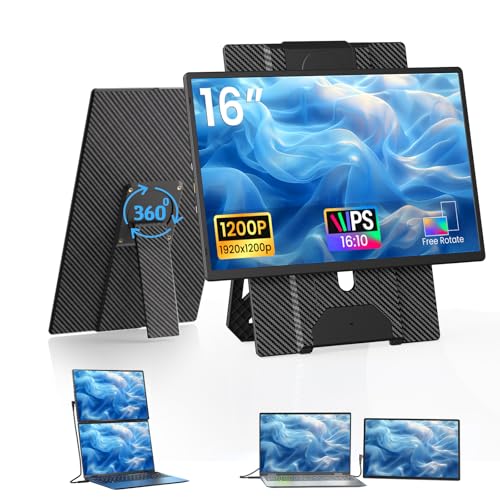 Image of Laptop Screen Extender Portable Monitor - Dual 16 inch 1200P FHD Travel Monitor Fit for 13-17 inch Laptops Plug & Play 360 Rotating Detachable Stand Height Adjustable for Travel /Work /Study