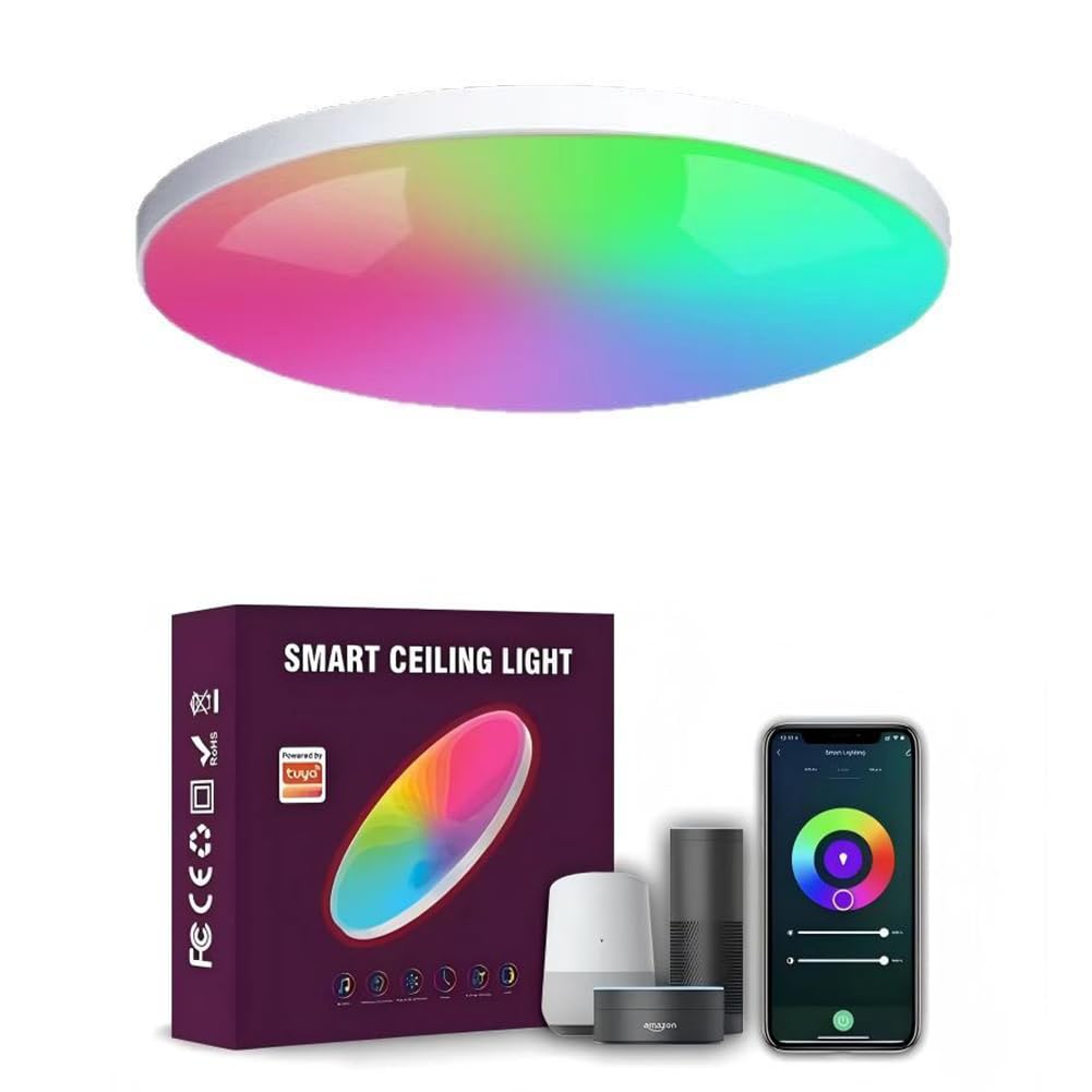 Lampada da Soffitto LED Intelligente 24W Dimmerabile, RGB+CCT 2700K-6500K, Compatibile Alexa/Google, IP54 Impermeabile, Timer, Modalità Musica, Luce Notturna per Casa