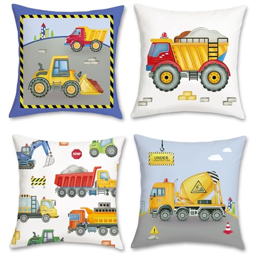 Bonhause 4er Set Kissenbez&uuml;ge Kinder 45 x 45 cm Spielzeugauto LKW Bagger Dekorative Kissenh&uuml;lle Zierkissenbez&uuml;ge f&uuml;r Sofa Schlafzimmer Wohnzimmer Auto Zuhause Dekoration