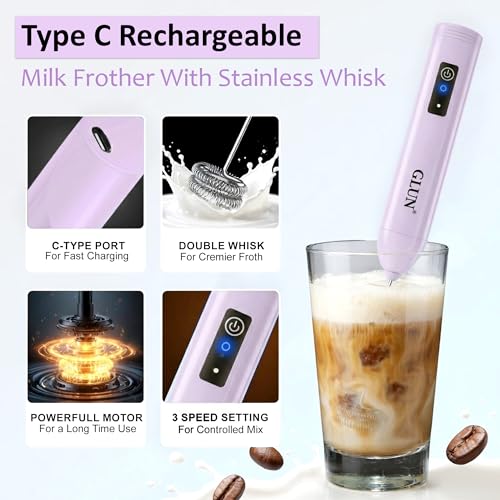 Image of GLUN Portable Coffee Frother Vibe Lavender Colour 1 Piece, Type-C Port Rechargeable Handheld Milk Frother with 2-Layer Detachable Steel Whisk, Fast Foam Maker for Latte, Cappuccino & Coffee
