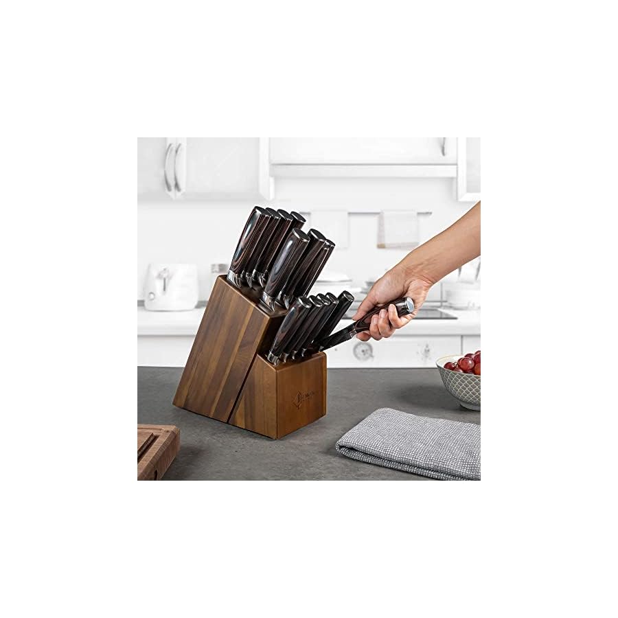 SENKEN 16-Piece Acacia Wood Knife Block Set with Laser Damascus Pattern - Includes Steak Knives, Kitchen Shears, Chef's Knife, Santoku, Cleaver & More