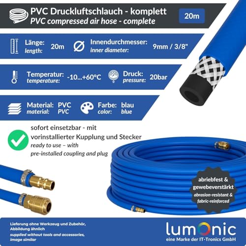 Tuyau d'air comprimé Lumonic 20m avec raccord rapide 9mm en PVC renforcé