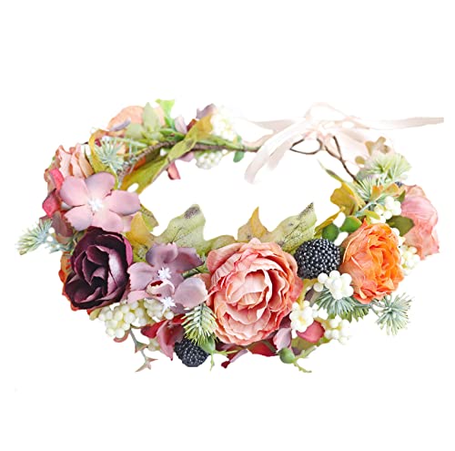LLinfflr Floral Crown Flower Garland Headband Hair Wreath Floral Headpiece Halo Boho Party Prom Wedding Photos Orange