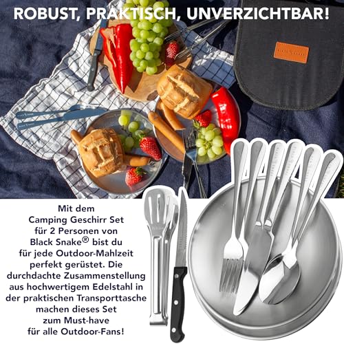Black Snake Edelstahl Camping Geschirr Set - Teller, Besteck, Grillzange & Steakmesser - Mit Transporttasche - Langlebig - Perfekt für Outdoor & Picknick - 2 Personen - Set