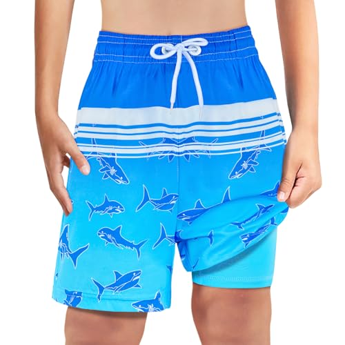 Macirept Boys Swim Trunks Swimwear Youth Swim Trunks With Compression Liner Swimsuit Teen Boys Swim Trunks Size 10-12 Swimming Trunks For Boys Bathing Suit Shark cover