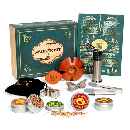 Whiskey Smoker Kit with Torch – Natural Wood Box, 2 Metal Filters, Whiskey Stones – Old Fashioned Cocktail Smoker Kit, Men Birthday Gift Ideas, Gifts for Dad, Husband, Women, Mom (No Butane)