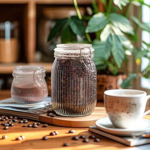 Image of ginoya brothers Lining Textured Airtight Glass Storage Jar with Clip Lock Lid - Kitchen & Pantry Organizer, Multiple Sizes For Dry Food, pickles, beans, cookies (6, 1000 ML)