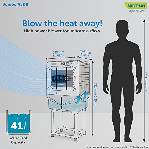 Image of Symphony Jumbo 45 DB Desert Air Cooler For Home with Aspen Pads, Powerful Double Blower, Cool Flow Dispenser and Free Trolley (41L, Grey)