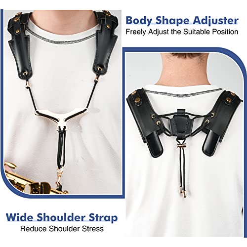saxophone shoulder strap double shoulder leather adjustable sax strap with metal beam amp sturdy adjuster reduce neck stress good comfort for altotenorbaritonesoprano saxophone