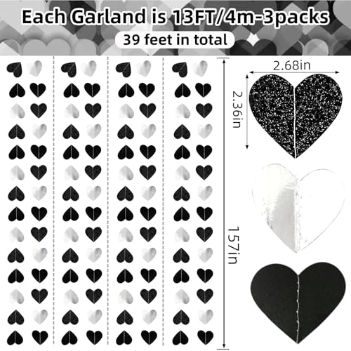 Image of Black White-Silver Party-Decorations Streamers Heart Garland - 39Ft Graduation Men 21st Birthday Hanging Paper Banner,Baby Bridal Shower Wedding Engagement Bachelorette Backdrop Party Supplies Decor