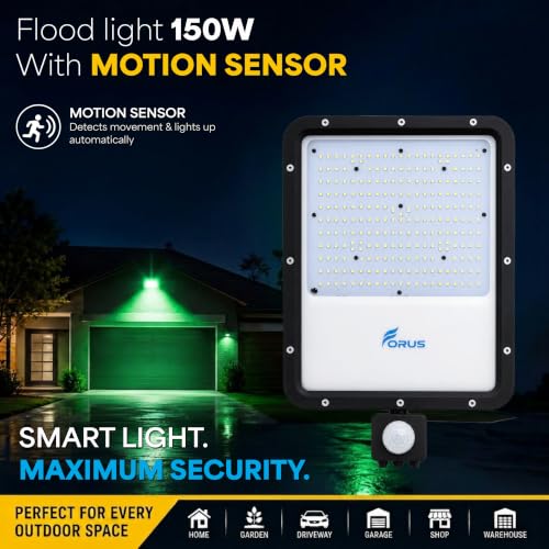 Image of Forus 150W LED Flood Light Green with Motion Sensor Auto On Off Day Night Mode Waterproof Outdoor Security Light for Garden Parking Garage Factory Warehouse High Bright Floodlight 4Yr Warranty-1Pc