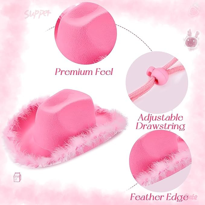 LYCN 6 sombreros de vaquero rosa para mujer, fieltro, sombrero de vaquero occidental con ribete de plumas mullidas para bodas, despedidas de soltera, fiestas de cumpleaños, cosplay, Rosa, 45