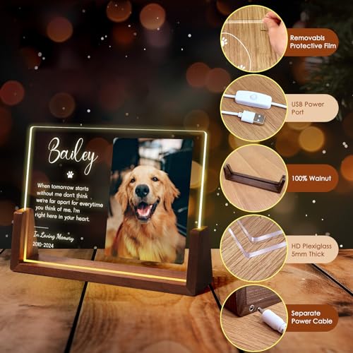 Jodimitty Personalisiert Haustier Gedenktafel aus Acryl, optionales LED-Licht und Holzsockel, mit Foto und Text, Gedenkgeschenke Bilderrahmen Andenken an verstorbenen Hund Katze (Stil C)