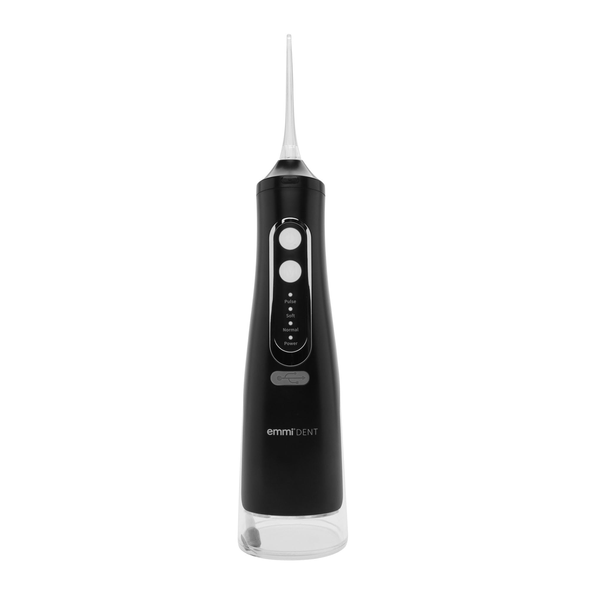emmi-dent Irrigador bucal inalámbrico, 310 ml, limpiador interdental con limpieza a 360° para un cuidado dental profundo, 4 modos de limpieza, 4 boquillas