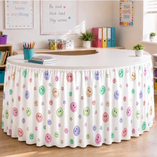 Image of 14FT Ruffle Smiley Face Table Skirt Pastel Teacher Desk Skirt for Classroom Decor Rectangle Table Cloth for Back to School Decorations Colorful Birthday Party Supplies Office Dorm Bookcase Cabinet